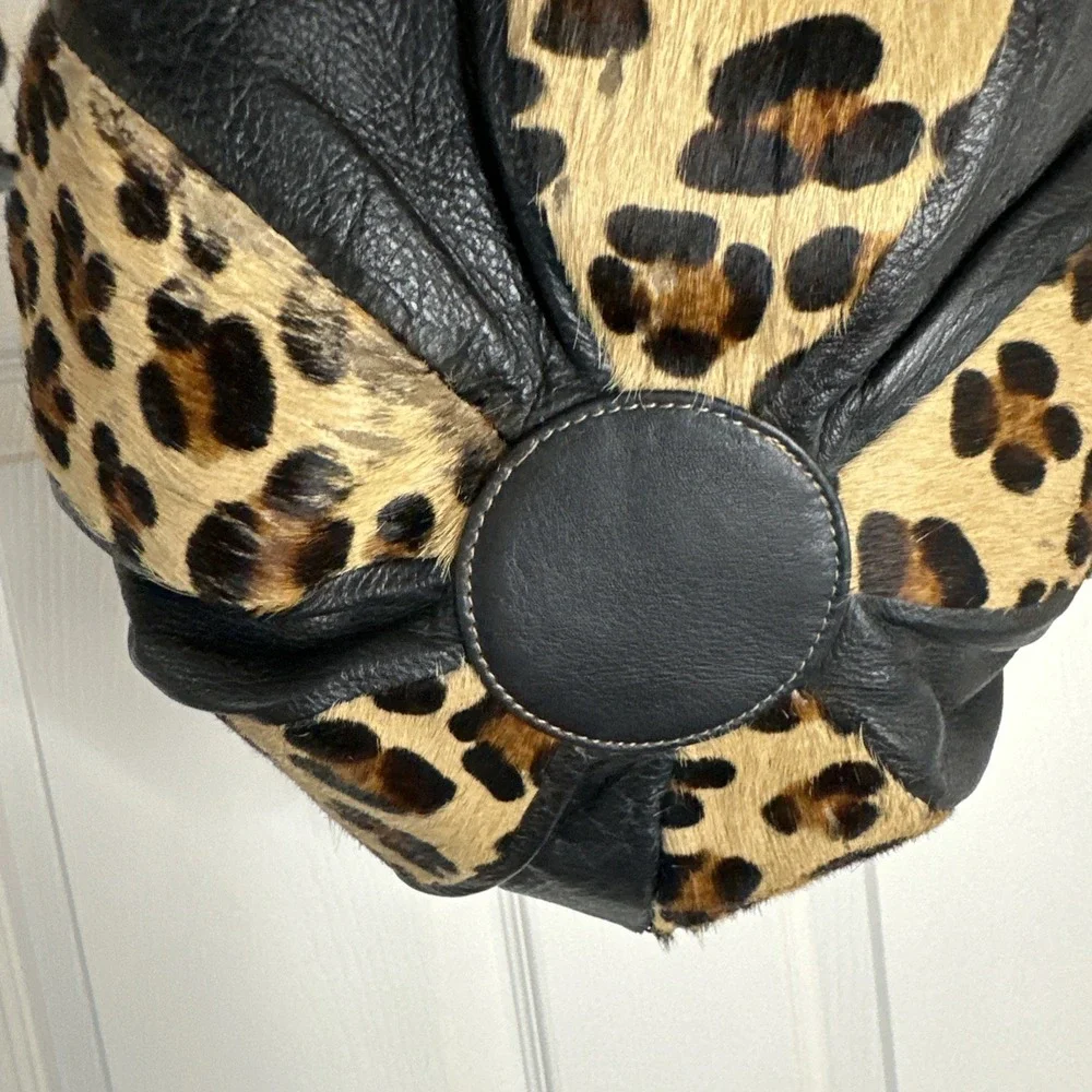 Divina Firenze Calf Hair Leopard Print Pouch Drawstring Bucket Bag Italy